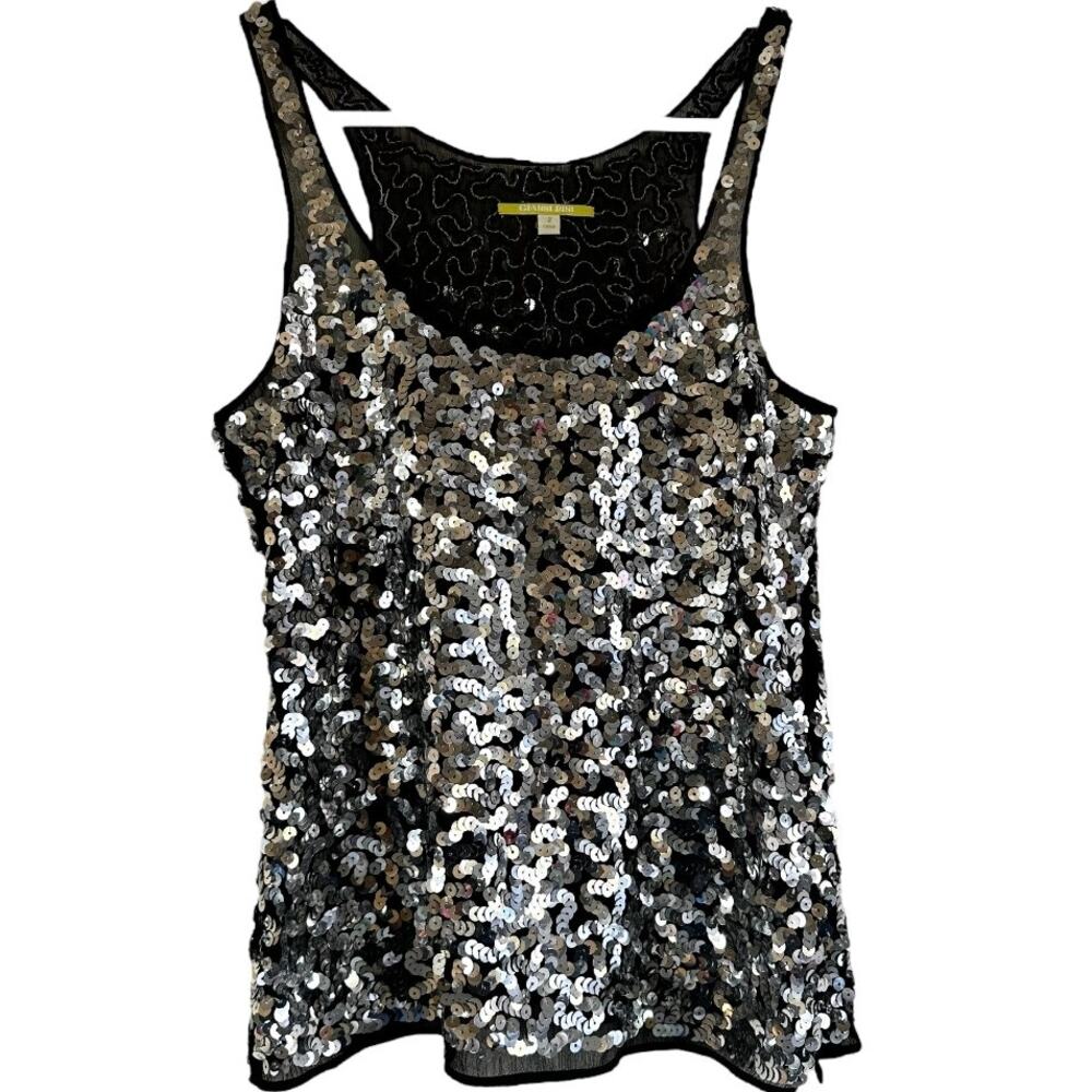 Gianni Bini Sequin Tank Top Scoop Neck Racerback Party Disco Rave Silver 2